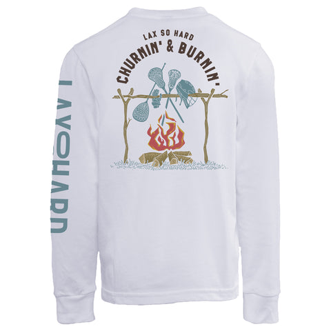 Boys Churnin & Burnin Lacrosse Long Sleeve T-Shirt - White