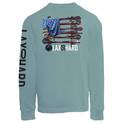 Boys Lacrosse Stick American Flag Long Sleeve T-Shirt - Mint