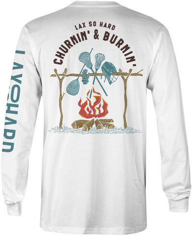 Mens Churnin & Burnin Lacrosse Long Sleeve T-Shirt - White