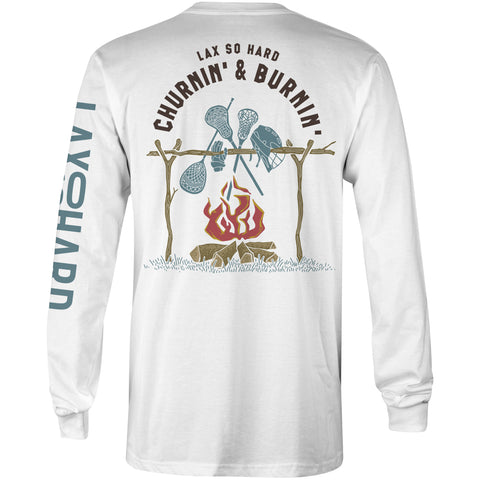 Mens Churnin & Burnin Lacrosse Long Sleeve T-Shirt - White